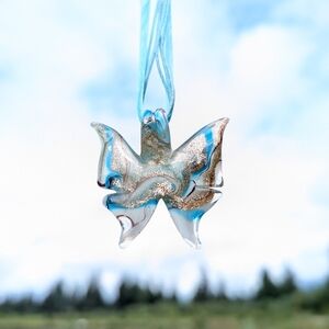 Vtg Venesian Murano Handmade Glass Art Large Butterfly Pendant Necklace Ribbon